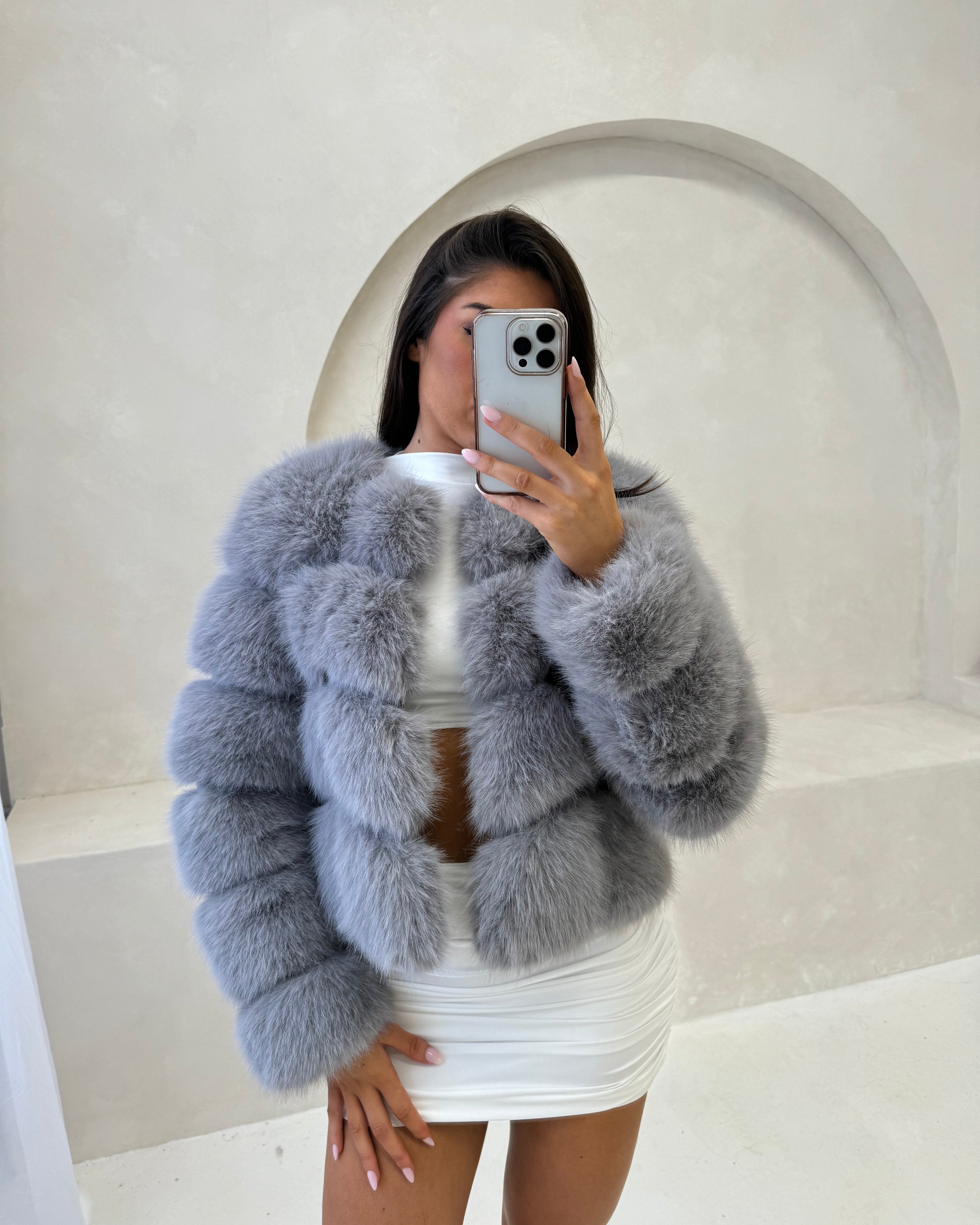 MAYA Luxury Faux Fur Coat Dove Grey