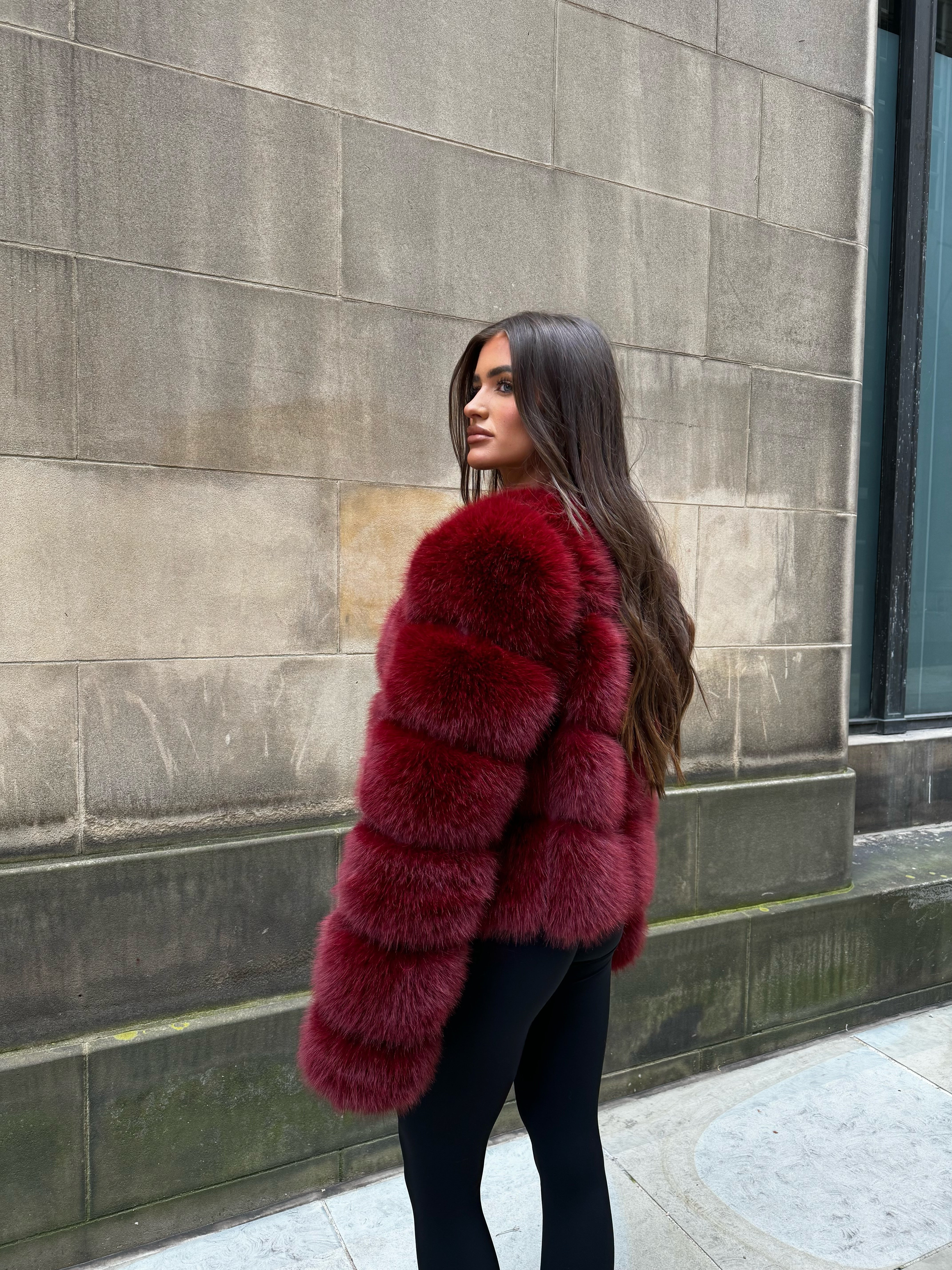 MAYA Luxury Kunstfell Mantel Burgundy