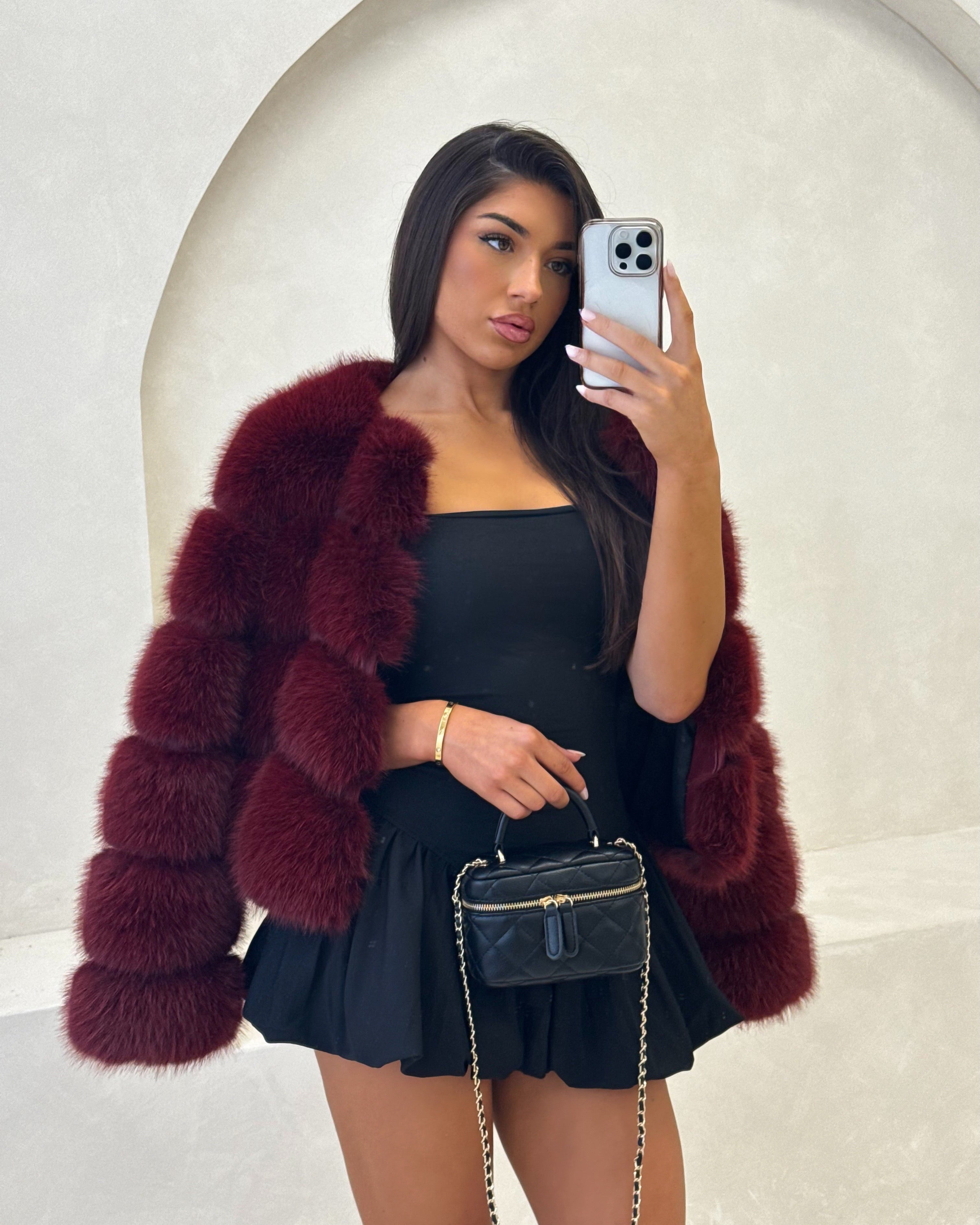 MAYA Luxury Kunstfell Mantel Burgundy