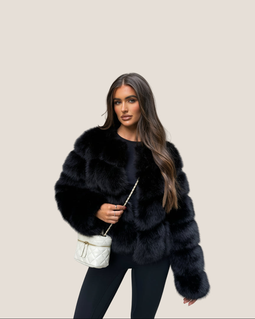 SEREN Pelzmantel Faux Fur Schwarz Kurz